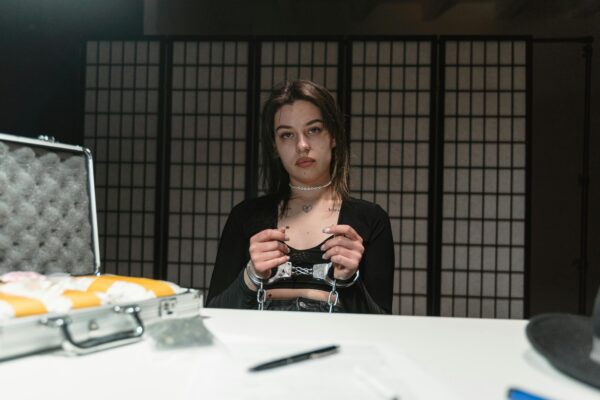 A girl is sitting on the investigation using dark pschology
